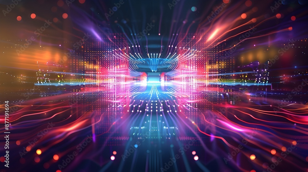 Poster vibrant abstract quantum computer processor with colorful waveforms computational design