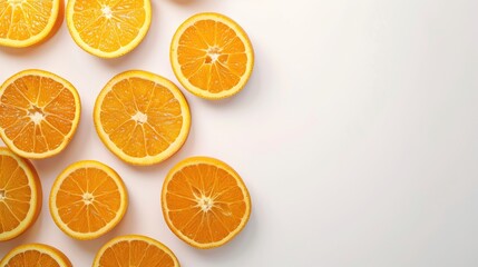Fototapeta premium Fresh orange slices displayed against a white backdrop with room for text