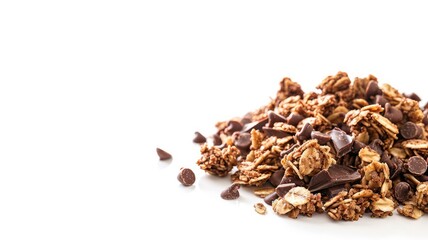 Obraz premium Pile of granola with chocolate chips on white background