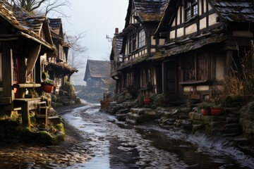 Nostalgic winter a realistic and vintage portrait of a historical village at the, generative IA