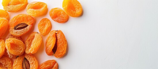 Dried apricots placed on a white backdrop with ample copy space image available