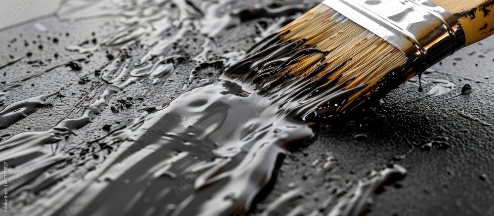 Aufkleber Close up shot of a paint brush applying bitumen mastic on a surface for waterproofing with ample copy space for an image