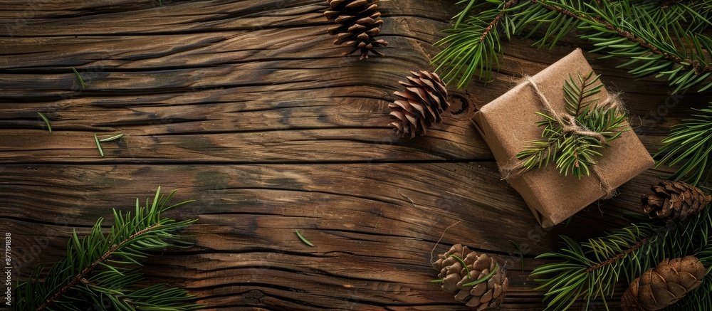 Poster Top view of wood grunge board with a gift box larch branch with cone and copy space image for text placement