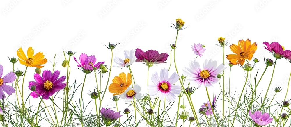 Poster vivid cosmos flowers with green stems bloom in a meadow offering a beautiful and colorful display ag