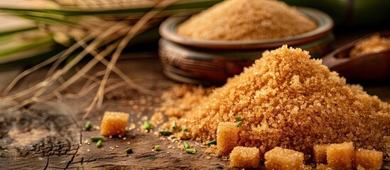 Jaggery Powder also known as Organic Gur is a versatile unrefined sugar used in various Indian dishes with a natural copy space image of concentrated sugarcane juice