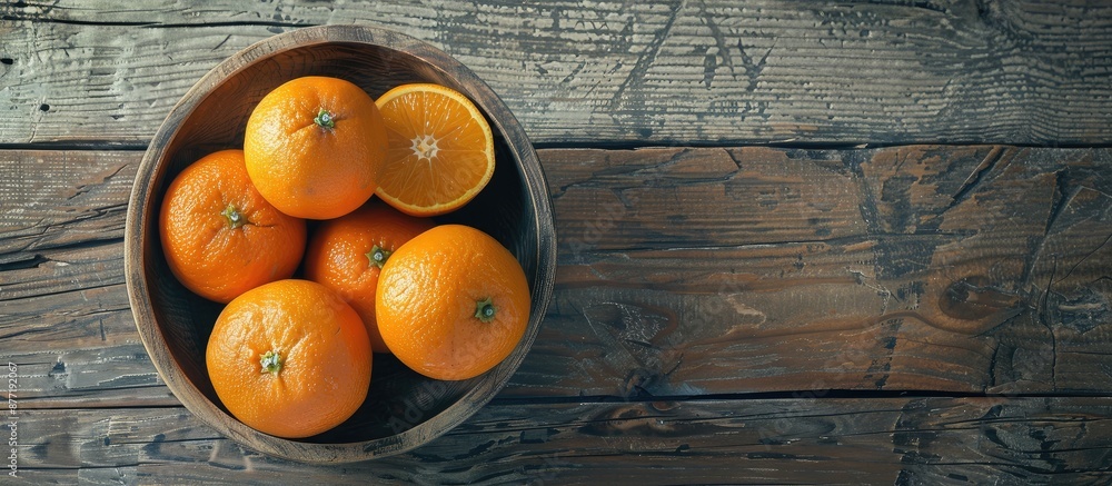 Poster oranges in a bowl on a rustic wooden table with empty space for a picture. with copy space image. pl