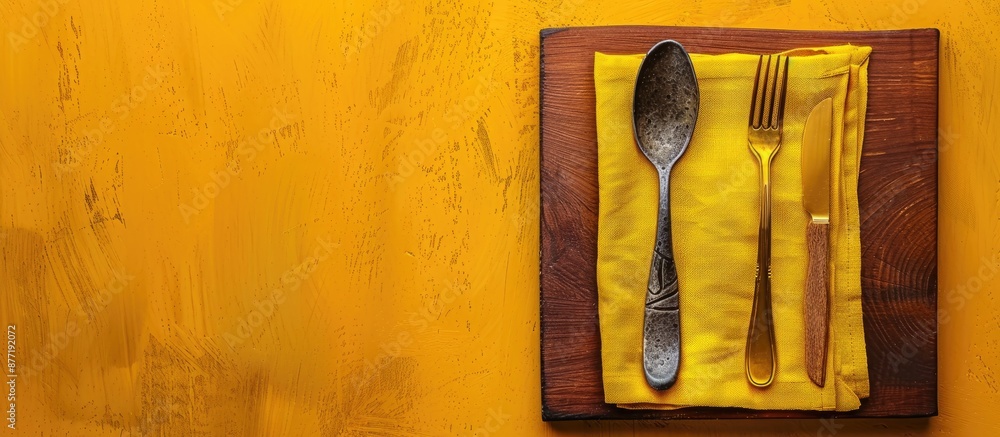 Poster top view of a yellow kitchen napkin on a table background folded neatly for a mockup with copy space