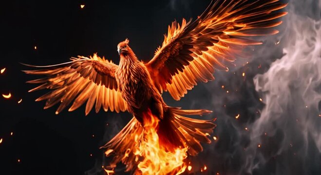 flying fire phoenix on black background