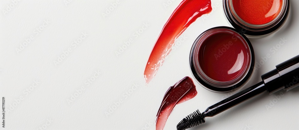 Poster Top view image of eye and lip gloss on a white background with available copy space
