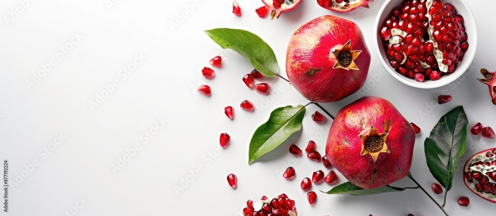 Leinwandbilder top view of a pomegranate fruit arrangement on a white background with available copy space image
