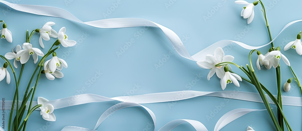 Aufkleber Minimal festive concept featuring a composition of spring snowdrop flowers on a blue background embellished with a white ribbon in a flat lay style creating a tranquil copy space image