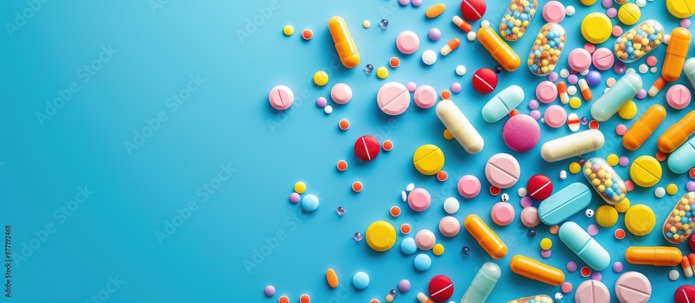 Poster a variety of medications displayed against a blue background with copy space image