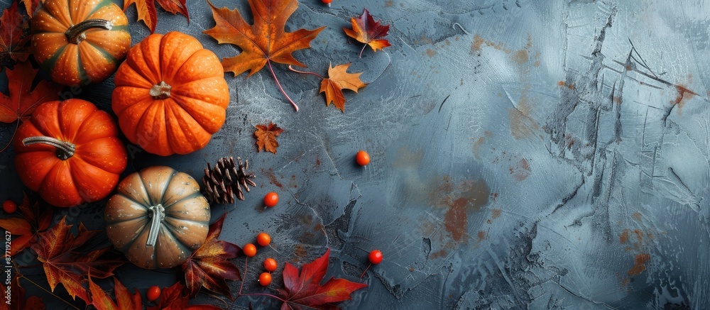 Leinwandbilder a fall themed backdrop featuring pumpkins leaves and decorations on a textured table from a top down