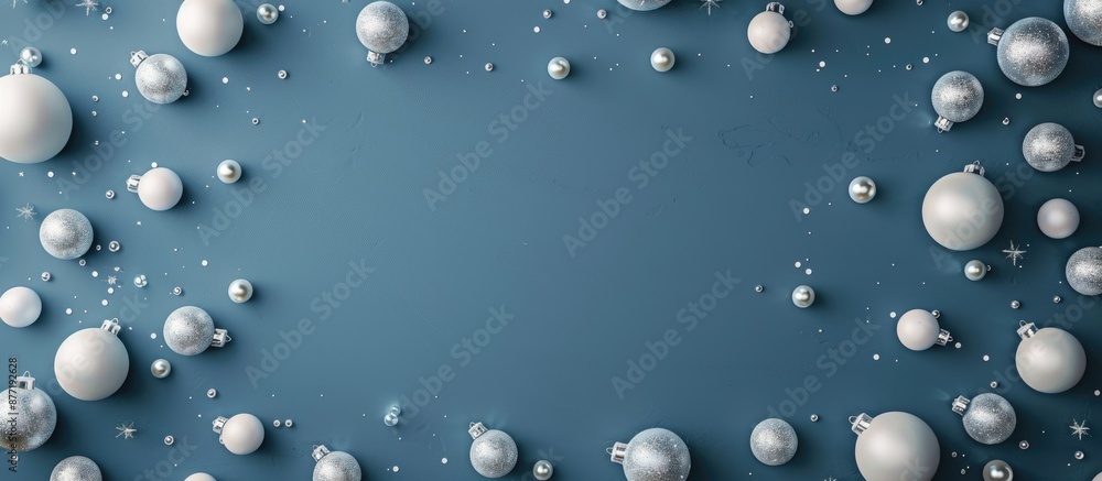 Poster Top view of a blue grey background adorned with white Christmas ornaments leaving empty space for additional elements in the image