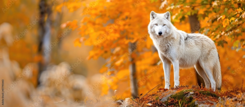 Poster An Arctic Wolf by itself in an autumn setting with copy space image