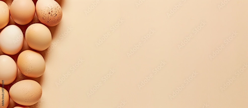 Fototapete fresh chicken eggs neatly arranged with copy space image on a light beige background