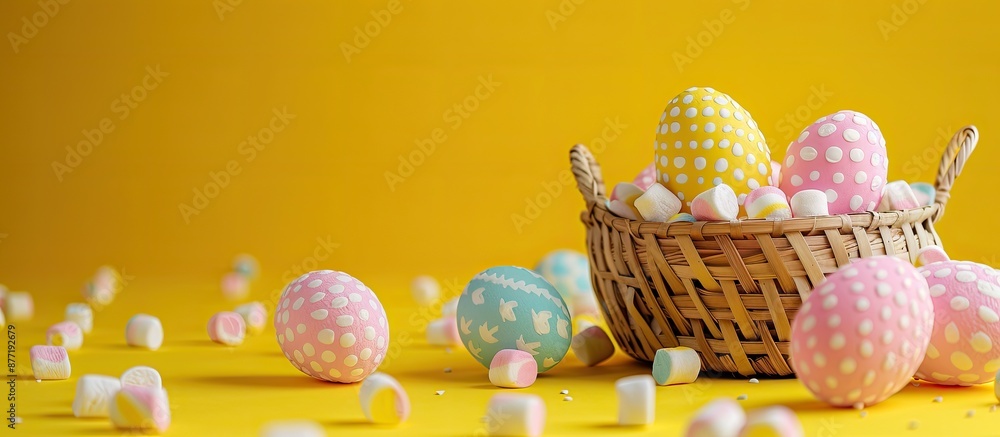 Poster modern easter composition featuring vibrant eggs in baskets with marshmallows ideal for trendy desig