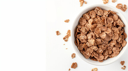 Fototapeta premium Breakfast cereal made from bran rich in fiber, presented on a white background. Their crunchy structure and natural health properties.