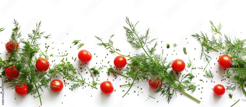 Poster a refreshing display of green dill and ripe red tomatoes set against a pristine white backdrop creat