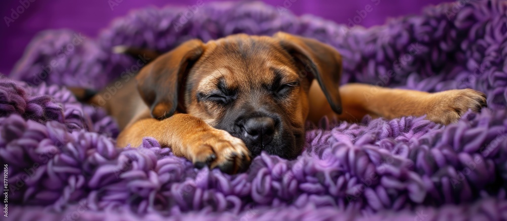 Aufkleber A puppy of mixed breed rests on a purple blanket set against a matching background offering copy space on either side for customization of the image