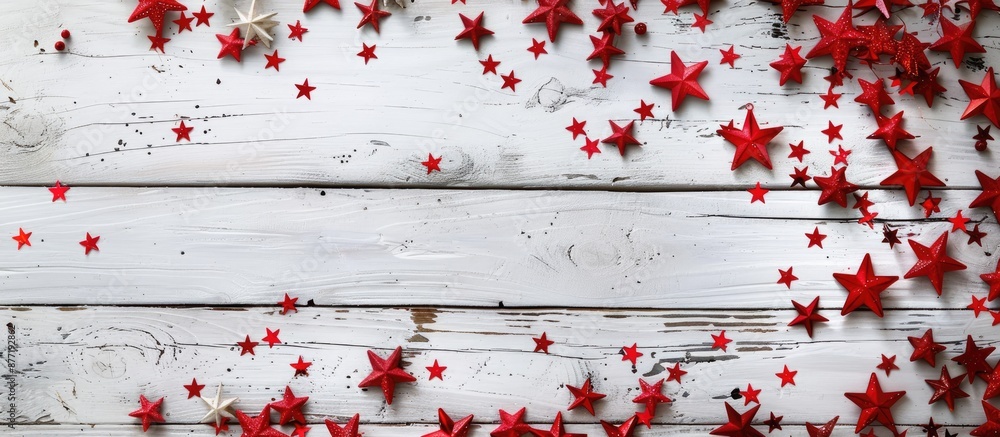 Poster white wooden background adorned with red stars in a festive christmas frame new year backdrop featur