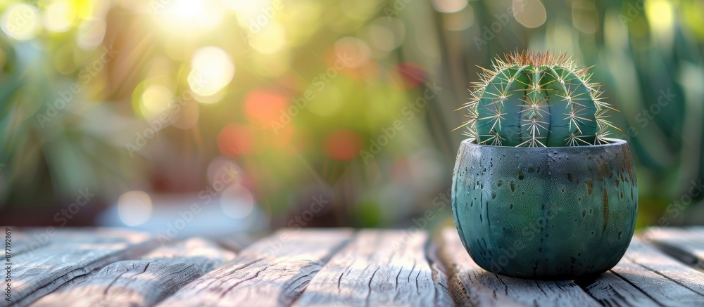 Poster Cactus pot on wood table with blurred leaf backdrop and space for image on the left. with copy space image. Place for adding text or design