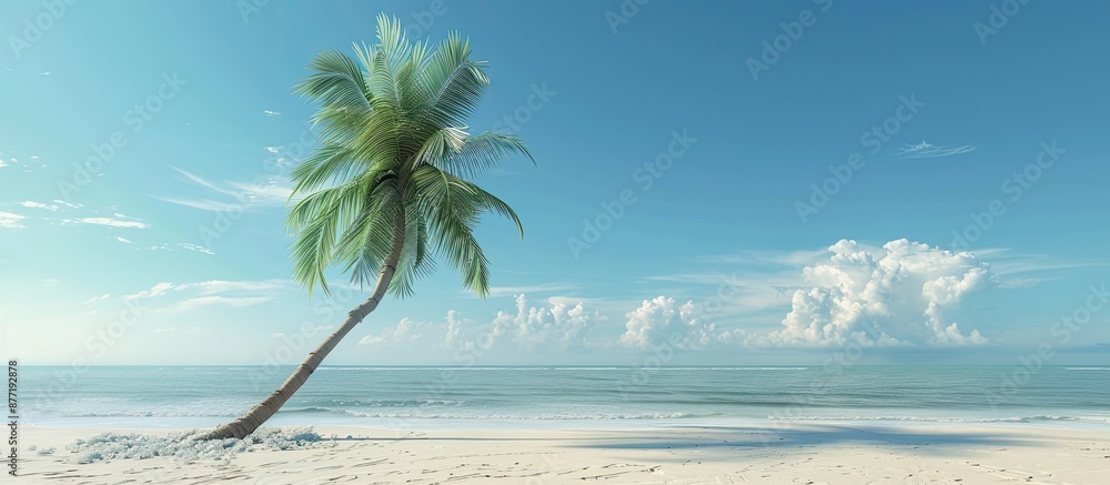 Poster a tropical beach scene with a palm tree leaning in the wind perfect for a copy space image