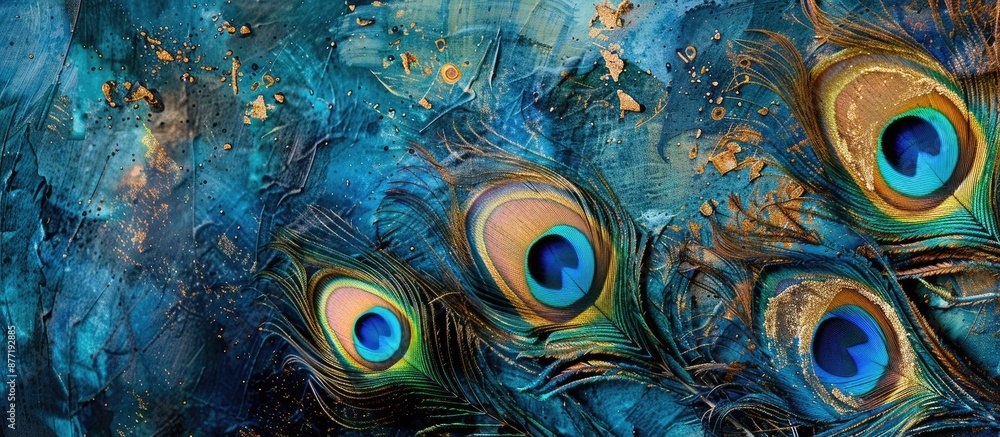 Aufkleber capturing a close up of exquisite peacock feathers in vibrant blue green and gold hues against a mat