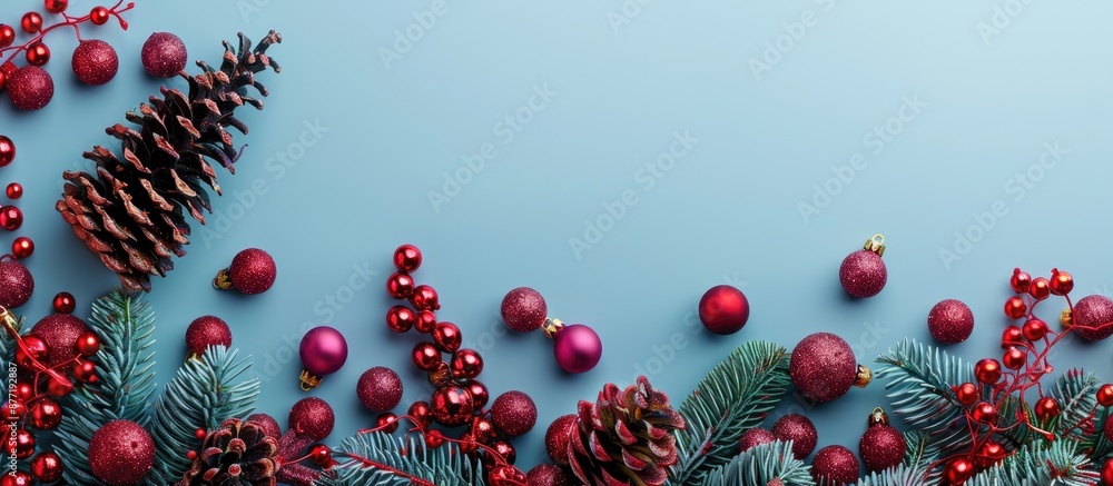 Poster a charming holiday backdrop with festive decorations like christmas balls red beads and a cone set a
