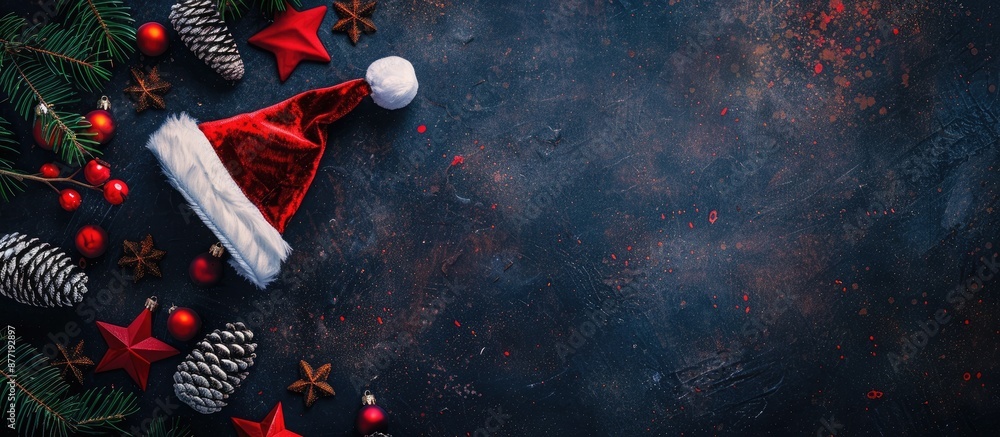 Aufkleber overhead view of a new year s background decorated with santa s hat and text providing copy space fo