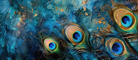 Capturing a close up of exquisite peacock feathers in vibrant blue green and gold hues against a matching background Horizontal layout featuring a decorative colorful copy space image