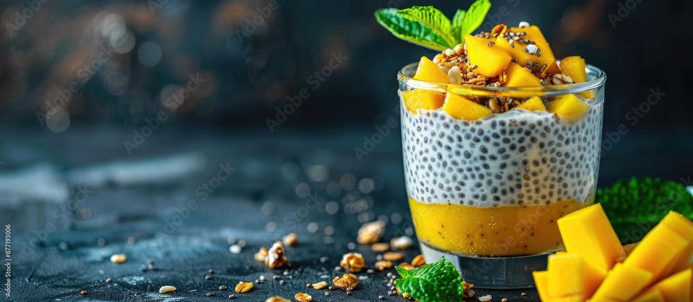 Poster chia seed pudding adorned with mango and granola in a glass ideal for breakfast it s a vegan superfo