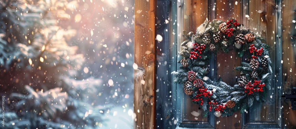 Poster A Christmas wreath on a treehouse door with snowy scenery around and a backdrop of falling snow ideal for a festive copy space image