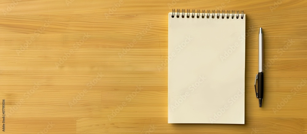 Poster A wooden office desk displaying a blank notebook page and pen from above ideal for adding images or text. with copy space image. Place for adding text or design