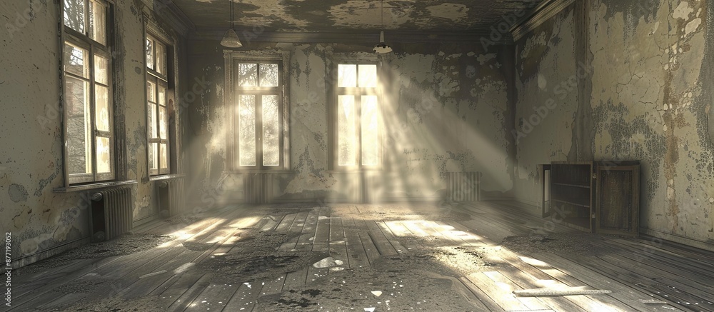 Aufkleber an aged desolate room in an abandoned house lacking furniture bathed in light from the windows prese