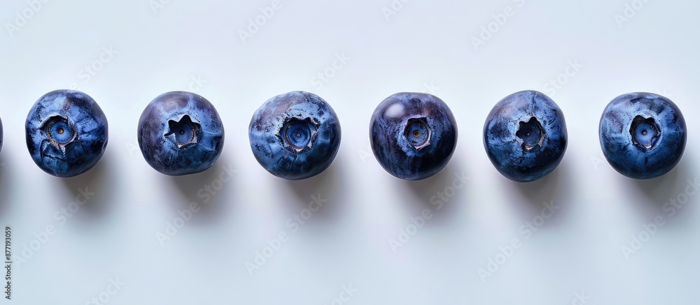 Poster blueberries arranged in a neat row on a white backdrop with ample copy space image