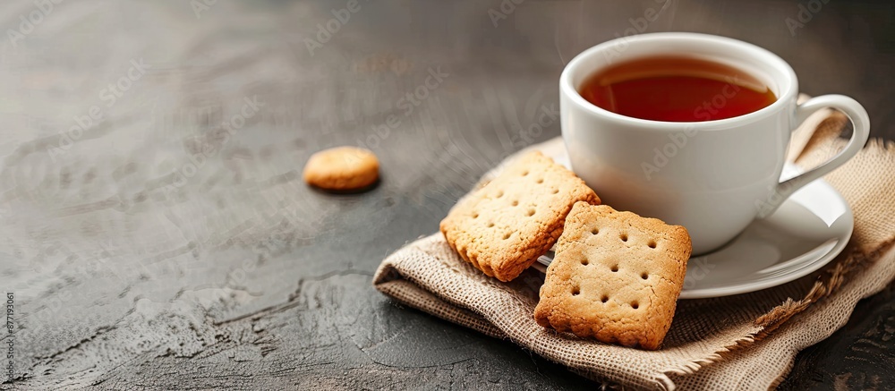 Aufkleber a cup of tea and tasty biscuits on a napkin on the table with copy space image