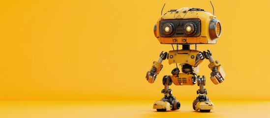 Steampunk mechanical robot toy poster template featuring yellow and beige copy space image for text and design