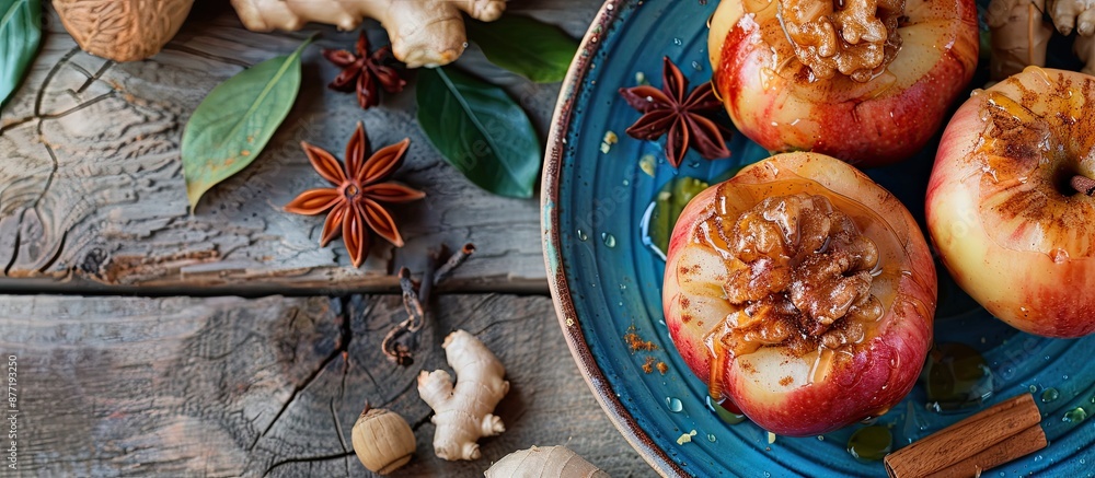 Poster a homey recipe featuring baked apples on a blue plate adorned with honey cinnamon and ginger placed 