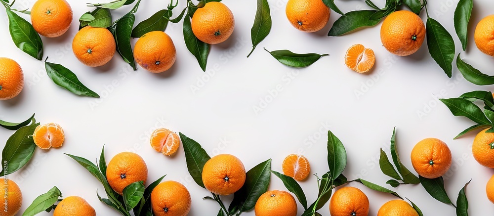 Poster Tangerines and leaves arranged on a white background creating a composition with copy space image