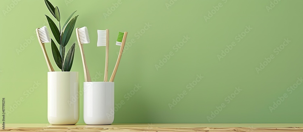 Poster Toothbrushes and holder placed on a green background welcoming text with a copy space image available for customization