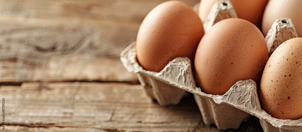 Fototapete focused on eggs in a carton displaying with copy space image