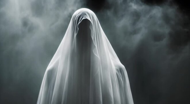 haunted halloween ghost on black foggy background 