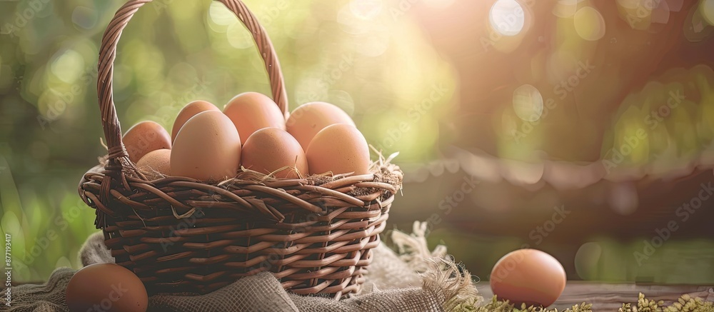 Poster selective focus on a rustic arrangement of fresh chicken eggs in a basket set against a natural back