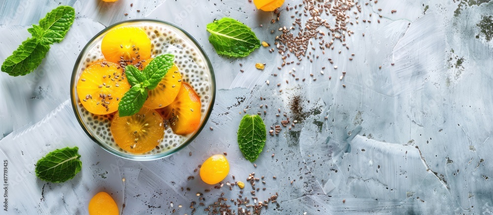 Aufkleber chia pudding with yellow fruits and mint on a light rustic tabletop ideal for a copy space image