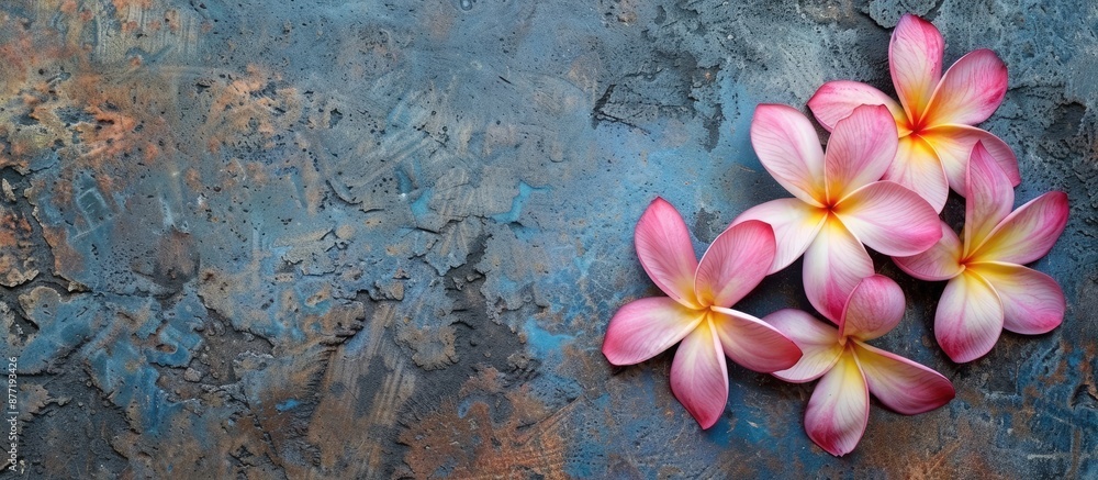 Poster plumeria flowers on a stone surface with space for additional images