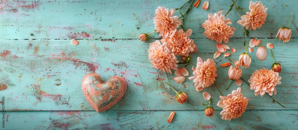 Poster Top view of chrysanthemums and heart placed on a weathered turquoise wooden surface with space for additional images