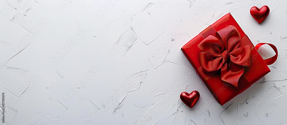 Poster valentine s day theme with a red bow adorned gift box two hearts and copy space image on a white bac