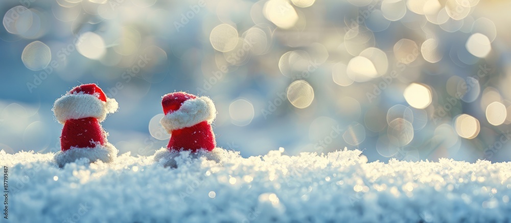 Poster a pair of small santa ornaments placed on snowy surface with copy space image