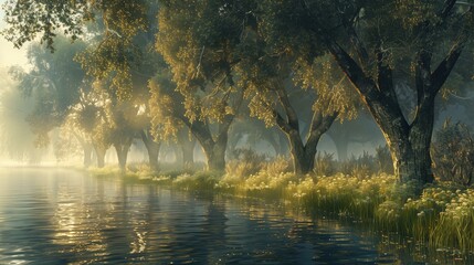 Fototapeta premium Serene riverside view with sunlit trees reflecting on calm water, creating a tranquil and picturesque natural landscape.